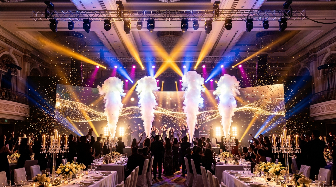 Setup & Thuê Đèn Sân Khấu Tiệc Tất Niên (Year End Party), Gala Dinner Công Ty: Moving Beam, Par COB & Máy Bắn Kim Tuyến