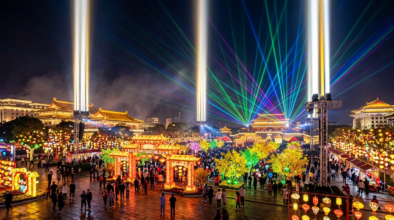Combo Đèn Trang Trí Tết 2027: Đèn Rọi Trời Sky Light, Đèn Pha LED Ngoài Trời & Đèn Laser Chạy Chữ