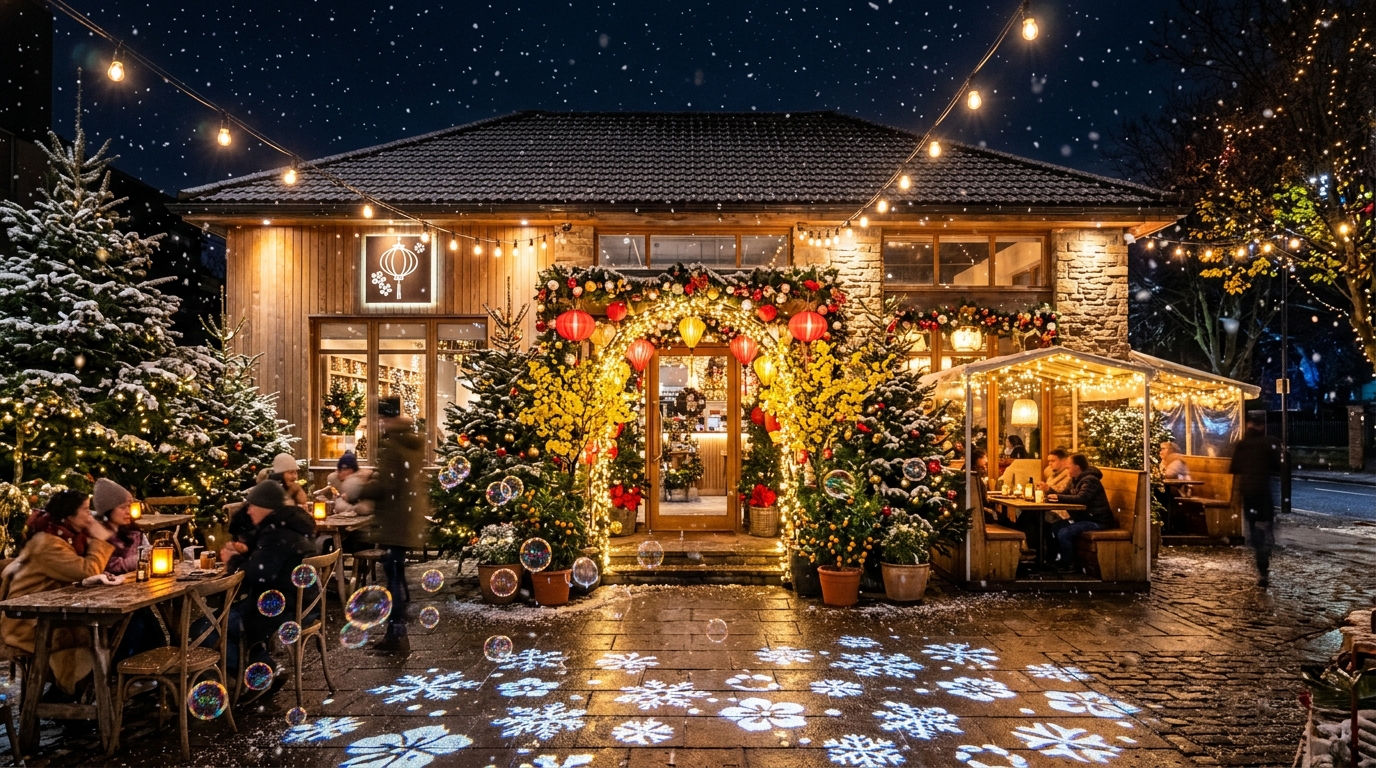 20+ Ý Tưởng Trang Trí Giáng Sinh (Noel) & Tết Nguyên Đán 2027 Đẹp Hút Khách Cho Quán Cafe, Nhà Hàng