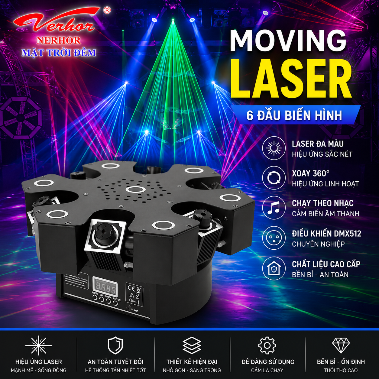 Đèn Moving 6 Laser + 7 Mắt Led NE 18/6